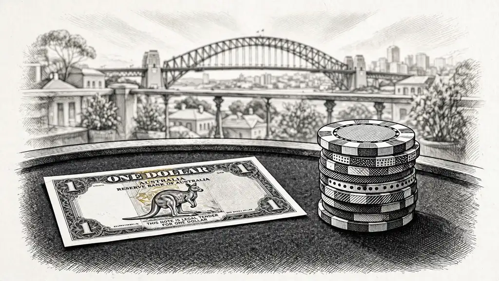 Australian one-dollar note on a casino table with chips, Sydney skyline behind