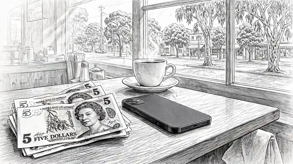 Small stack of Australian five-dollar notes beside a phone on a cafe table.