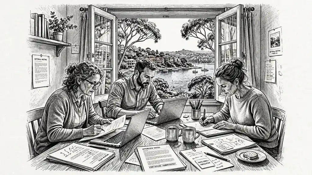 Small editorial team working together at a sunlit desk with harbor views.