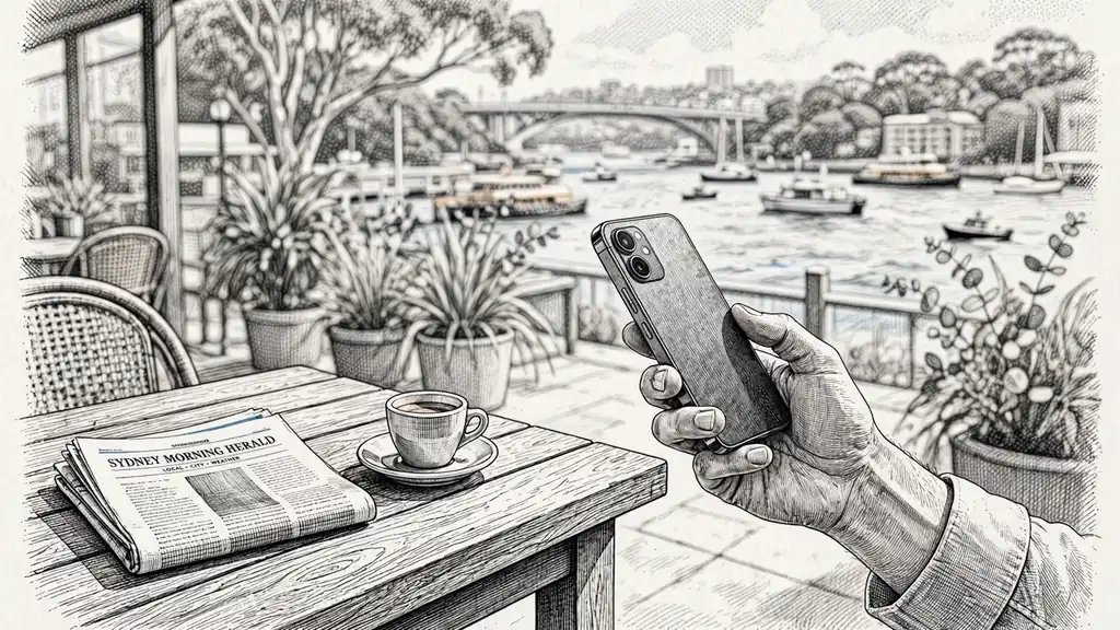 Hand holding a smartphone at a sunny Sydney harbor cafe, screen turned away.