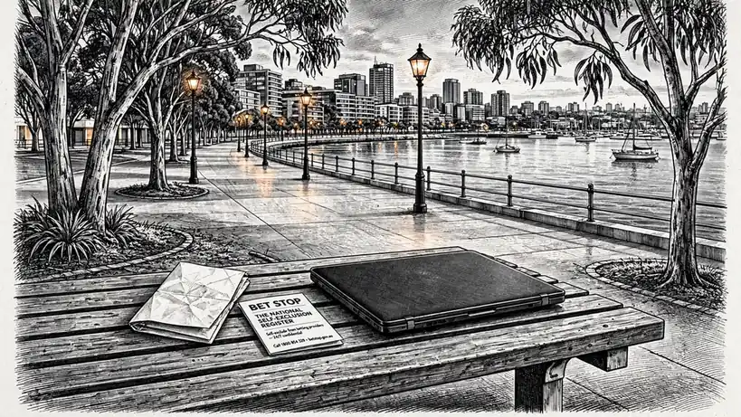 Australian harbor promenade at dusk with a self-exclusion pamphlet on a bench