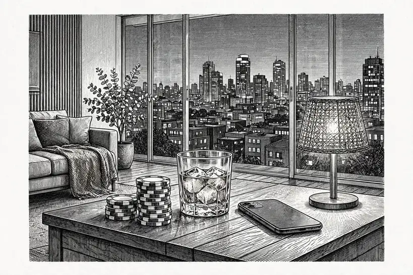 Australian apartment at dusk with casino chips, whisky and a face-down smartphone on a side table.