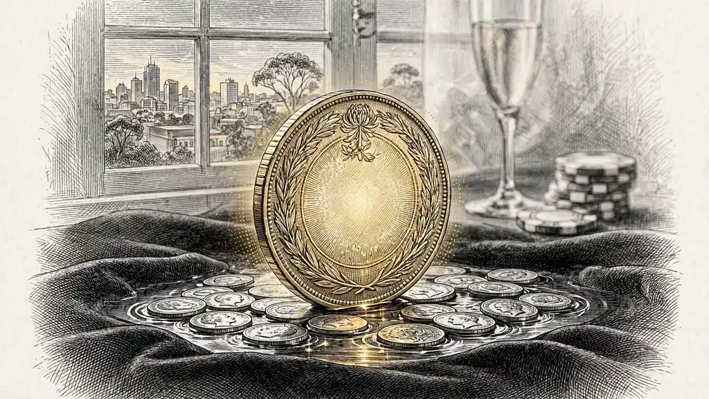 Golden coin balanced on edge among silver coins and casino chips, warm casino table lighting, Sydney skyline in the background.