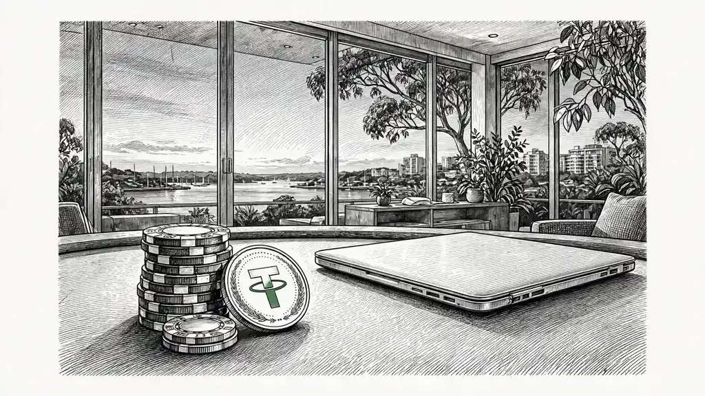 Casino chip, Tether coin and closed laptop on a felt table in a modern Sydney lounge.