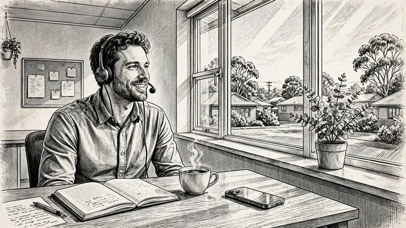 Support agent at desk with headset, eucalyptus plant and warm window light in Australia.