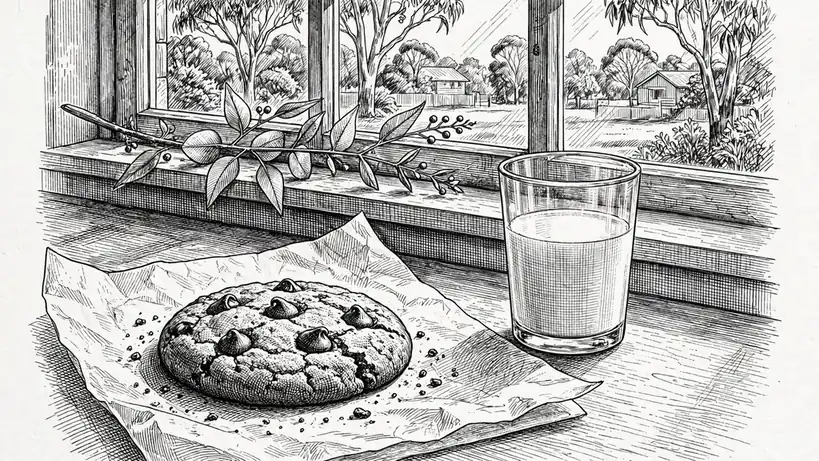 Freshly baked chocolate chip cookie with milk on a sunlit kitchen counter.