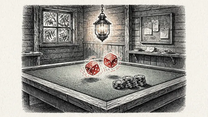 Rolling red dice on a felt table in an Australian pub
