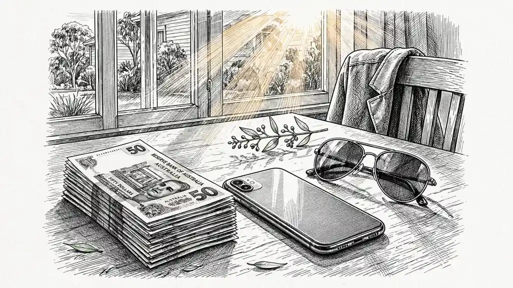 Australian dollars beside a smartphone on a sunlit desk with eucalyptus