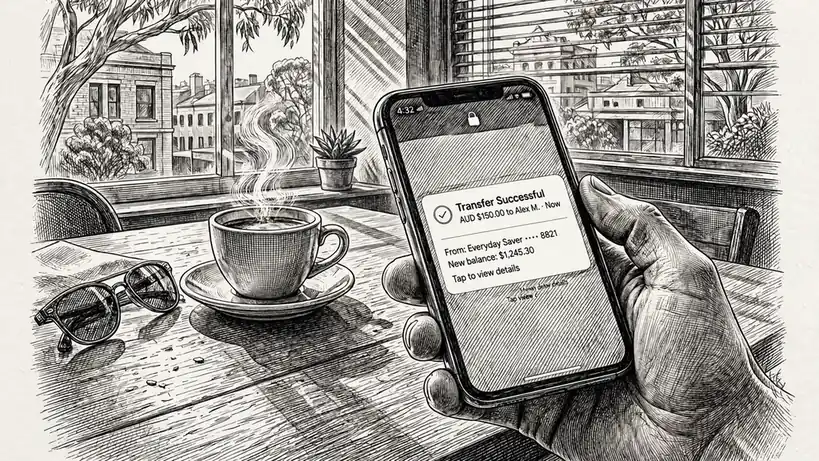 Hand holding smartphone with transfer notification on sunny Australian café table.