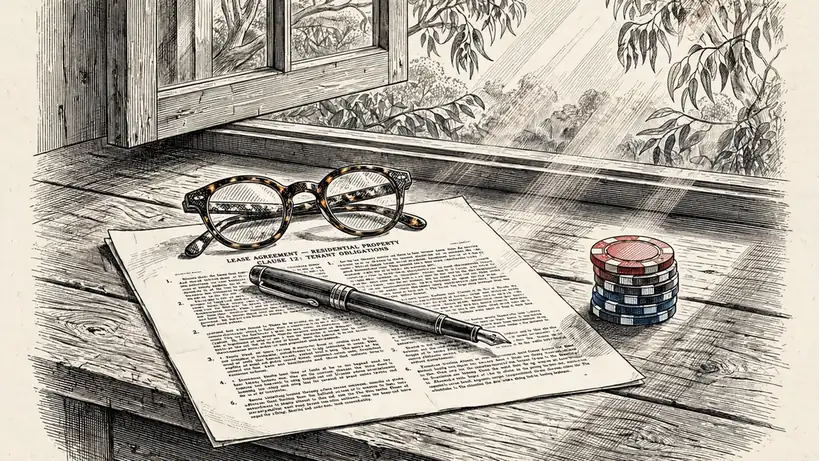 Printed disclaimer document with reading glasses and casino chips on a sunlit wooden table in Australia.