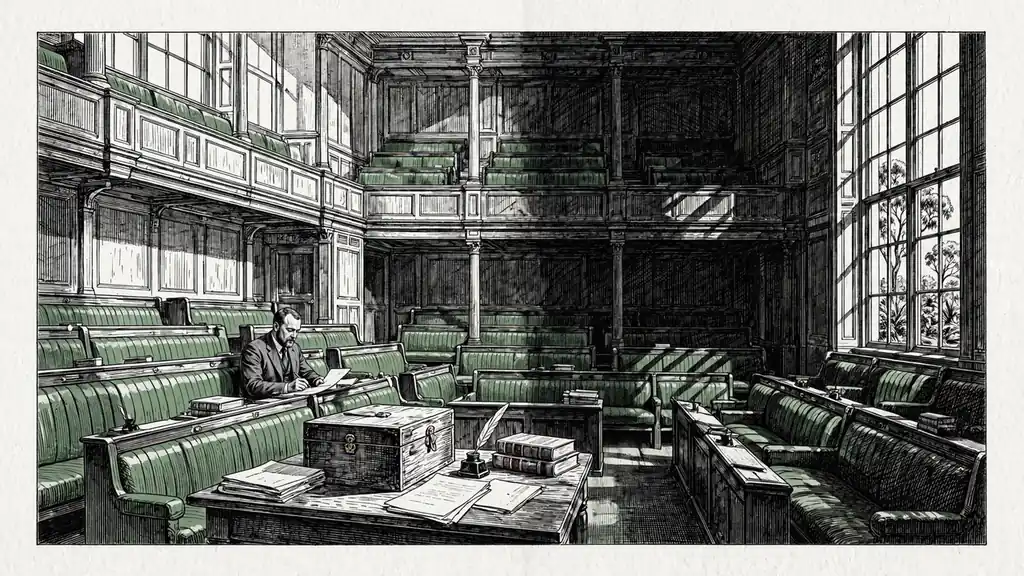 Australian parliamentary chamber with divided lighting symbolising layered regulation.