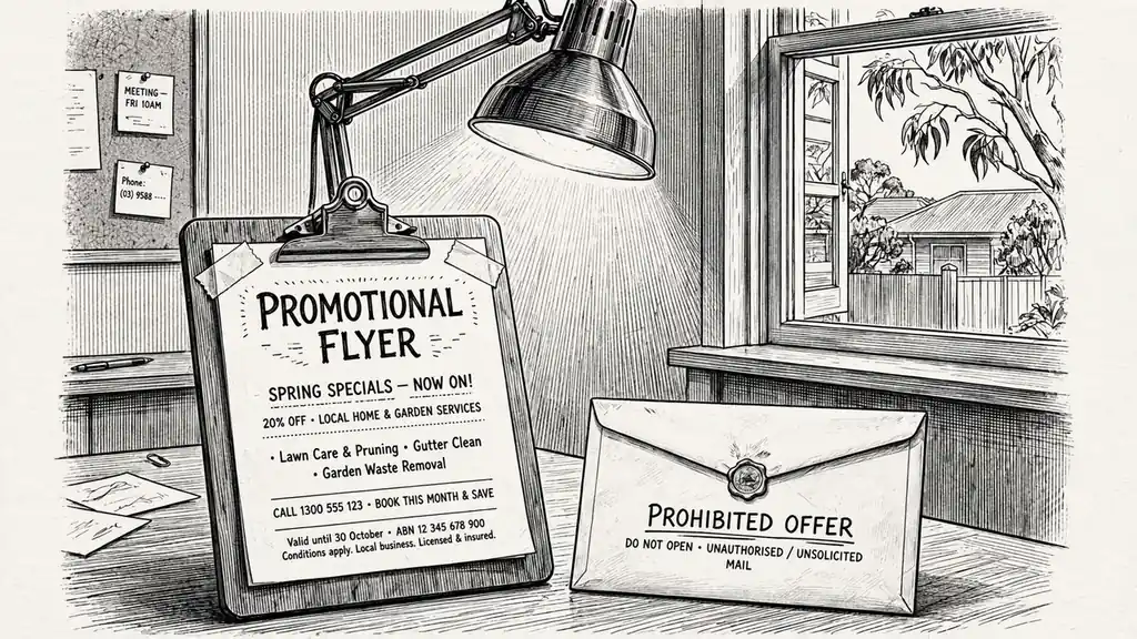 A clipboard holding a promotional flyer beside a sealed envelope marked as a prohibited offer.