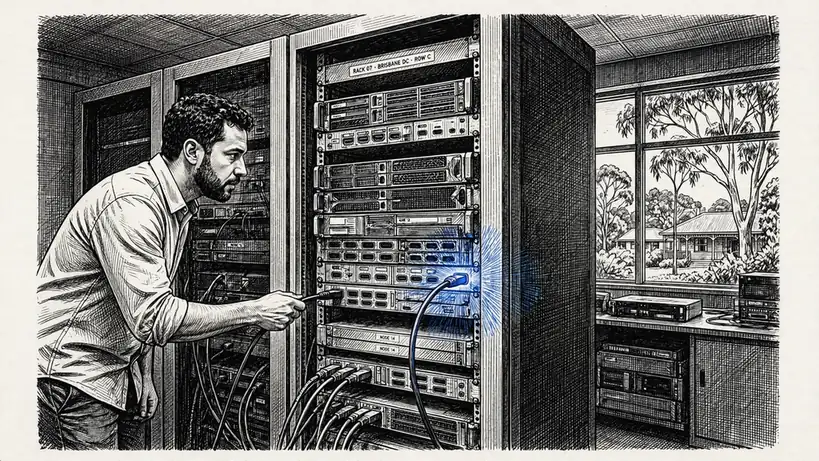 A technician disconnecting a cable in a server rack, suggesting regulatory blocking of a service.