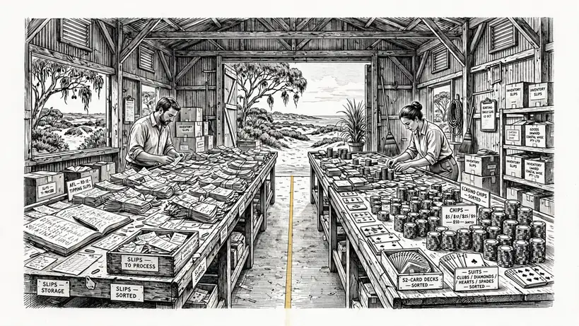 A sorting room separating wagering slips from casino chips with a painted dividing line.