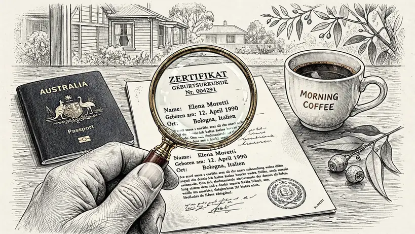A magnifying glass inspecting a foreign licence certificate on a desk beside a passport.