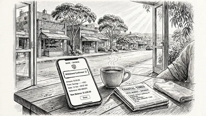 Smartphone showing a withdrawal confirmation on an Australian cafe table with coffee and eucalyptus-lined street outside.