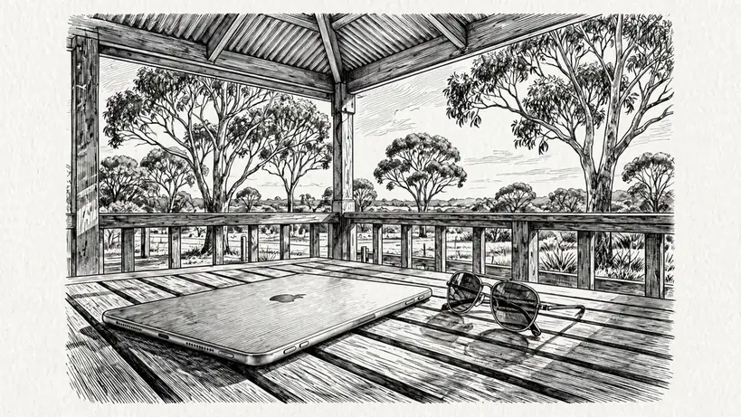 iPad on a sunlit Australian veranda table with screen turned away.
