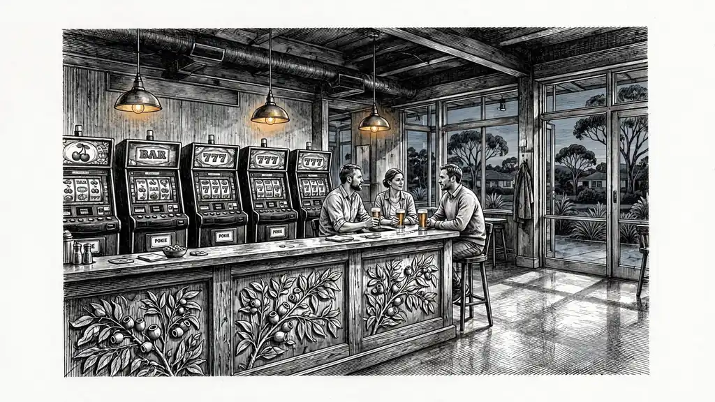 Australian pub interior with pokies machines lit at dusk