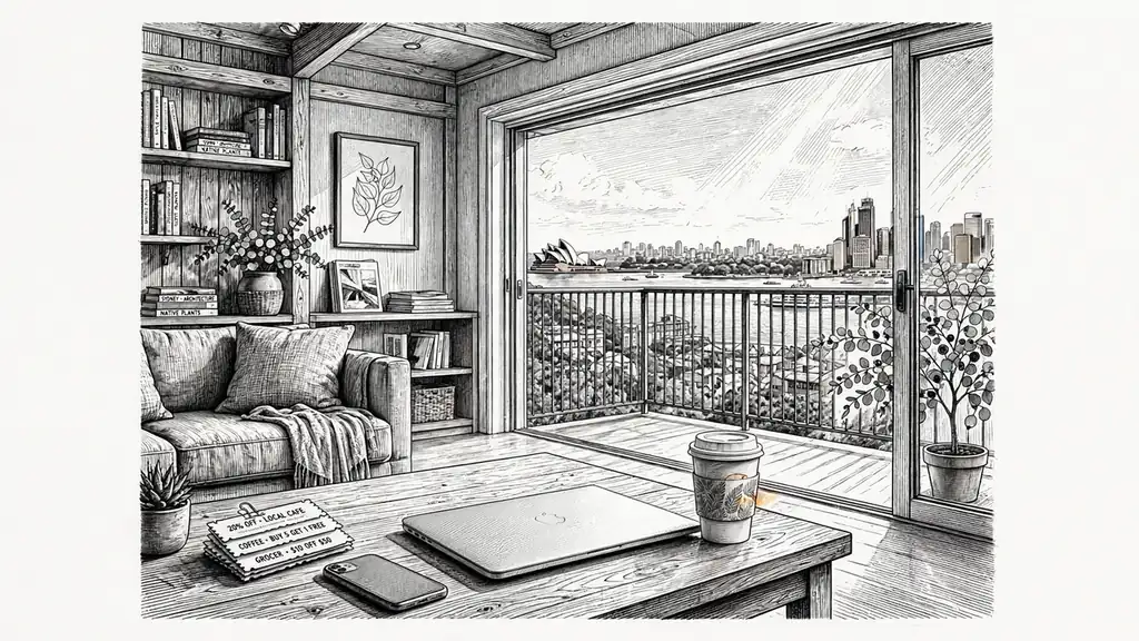 Australian living room with laptop, coffee, and Sydney skyline view through balcony.