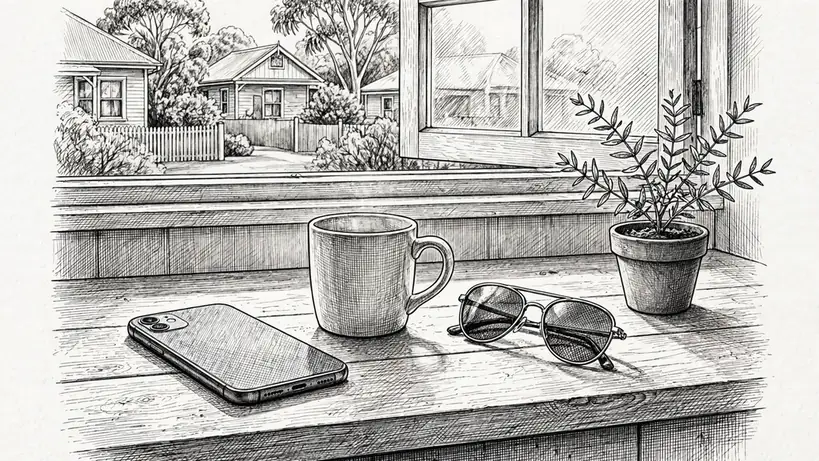Smartphone face-down on an Australian kitchen counter beside coffee and eucalyptus.