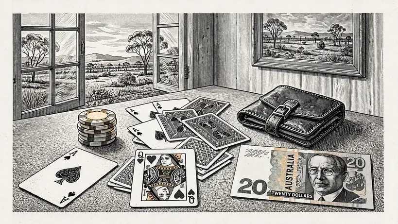Casino chips and cards on a felt table beside a closed wallet and Australian banknote.