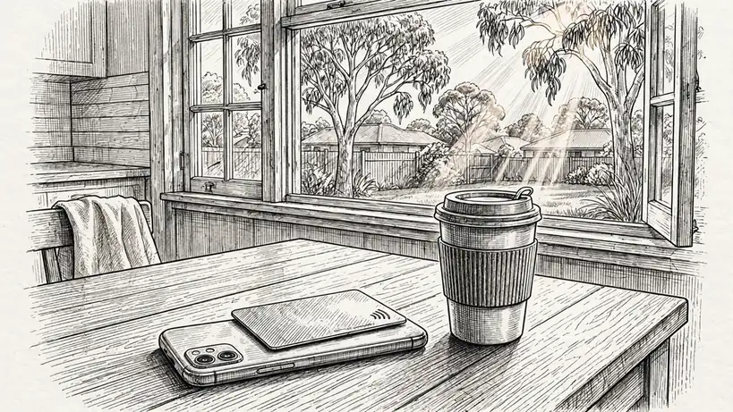 Smartphone with e-wallet card on an Australian kitchen table at morning