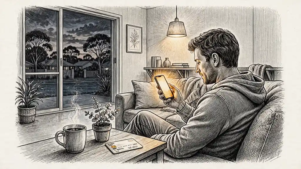 Australian adult at home using smartphone with PayID payment context, cozy living room at dusk.