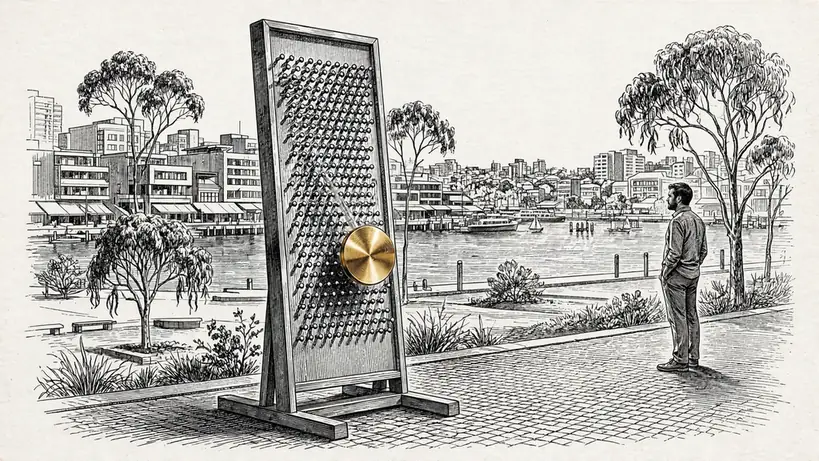 Golden disc descending a tall Plinko board at sunset over Australian harbor skyline