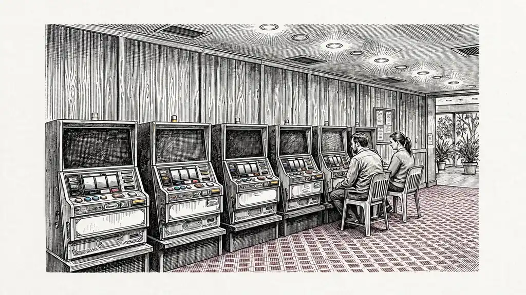 Interior of Australian pokies parlour showing row of slot machine cabinets under warm lighting