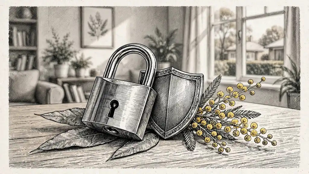 Padlock and shield on eucalyptus leaf with wattle flowers, representing data privacy protection in Australia
