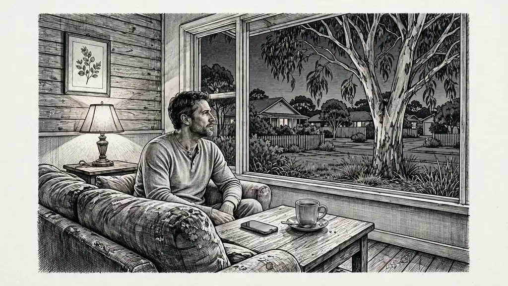 Australian man sitting alone in a softly lit suburban lounge, phone face-down on the table.