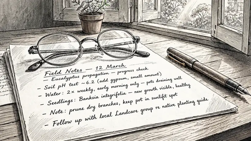 Handwritten document with reading glasses on a sunlit desk